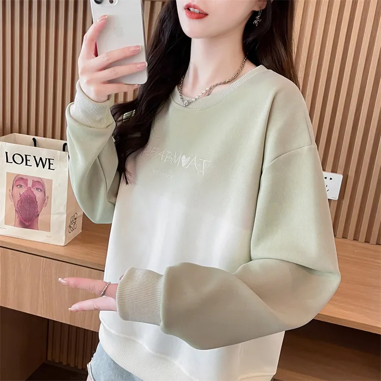 春秋常规印花拼色卫衣休闲长袖可爱风薄款圆领宽松小众秋季上衣