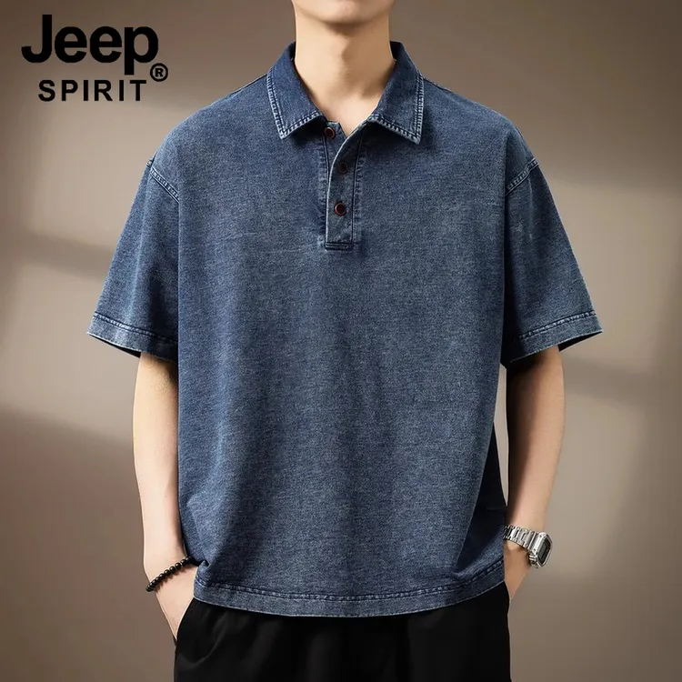 JEEP SPIRIT吉普高端复古短袖牛仔Polo衫男夏季潮牌宽松大码T恤男
