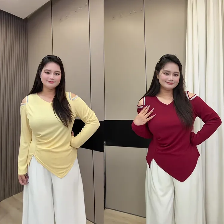 大码胖妹妹小众高级法式V领露肩长袖T恤女秋季不规则收腰显瘦上衣