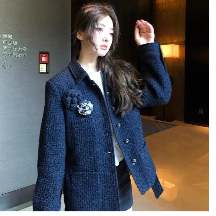 2025秋冬新款小香风时尚气质花朵名媛范宽松编织呢外套呢子上衣