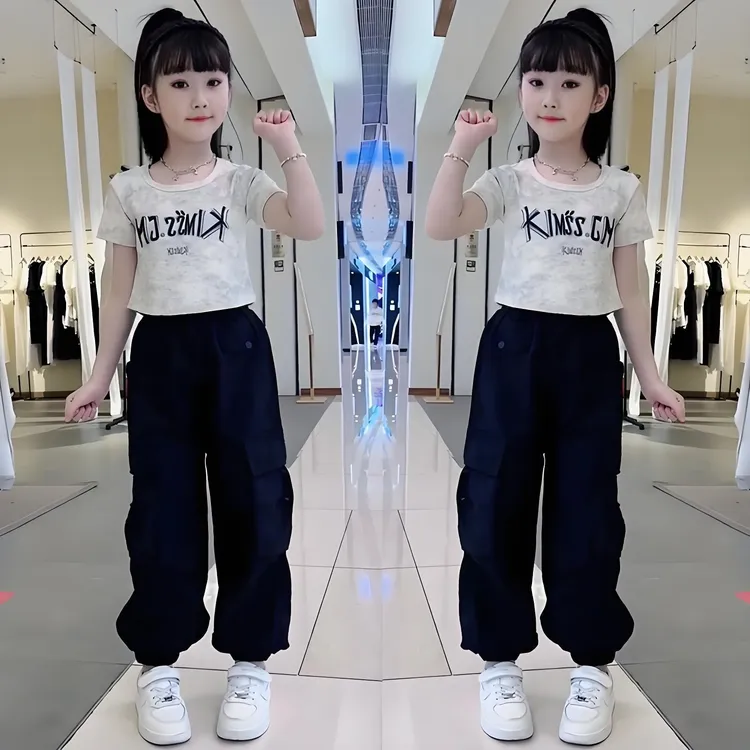 女童夏装套装2025新款女孩街舞T恤童装儿童洋气短袖工装裤两件套7