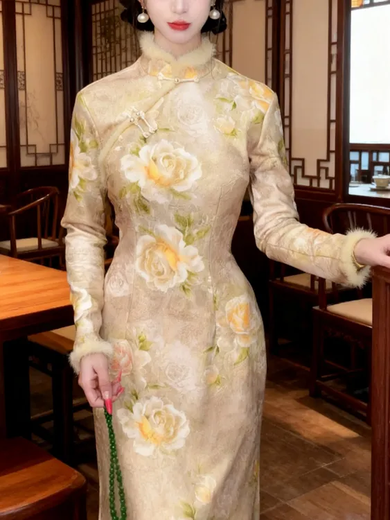 中式立领旗袍厚款针织毛毛旗袍冬装气质加绒连衣裙国风长袖芍药花