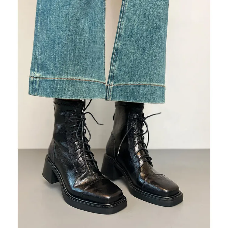 静音底系带高跟马丁靴增高秋冬瘦瘦靴子英伦风酷飒软面粗跟短靴女