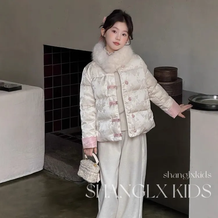 女童冬季新中式中国风毛领棉服中大童加厚洋气外套儿童冬季棉袄潮