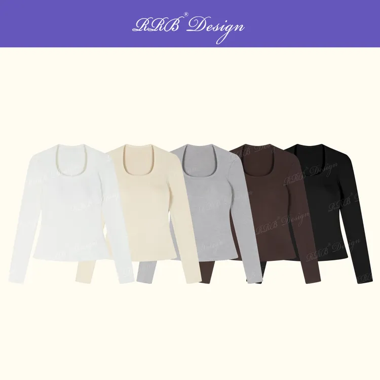 RRB Design 山羊绒混纺方领秋冬通勤修身自带胸垫长袖上衣T恤
