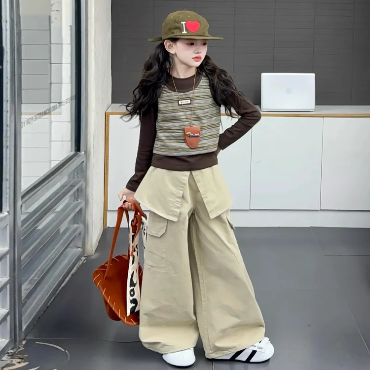 女童套装春秋2025新款洋气女孩大童衣服儿童秋装背心工装裤三件套