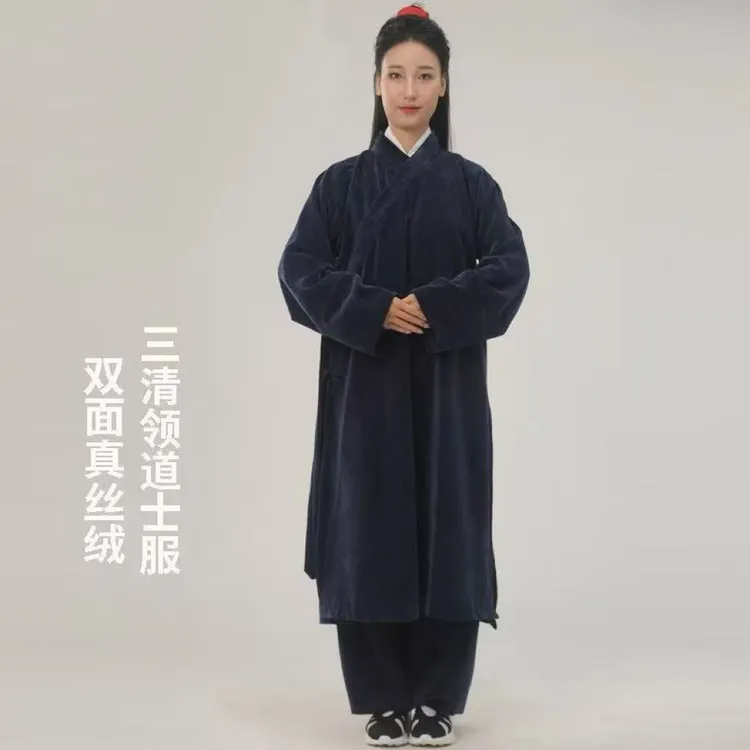 武当斜襟三清领太极服春秋加厚棉麻练功服长袍双面真丝绒套装