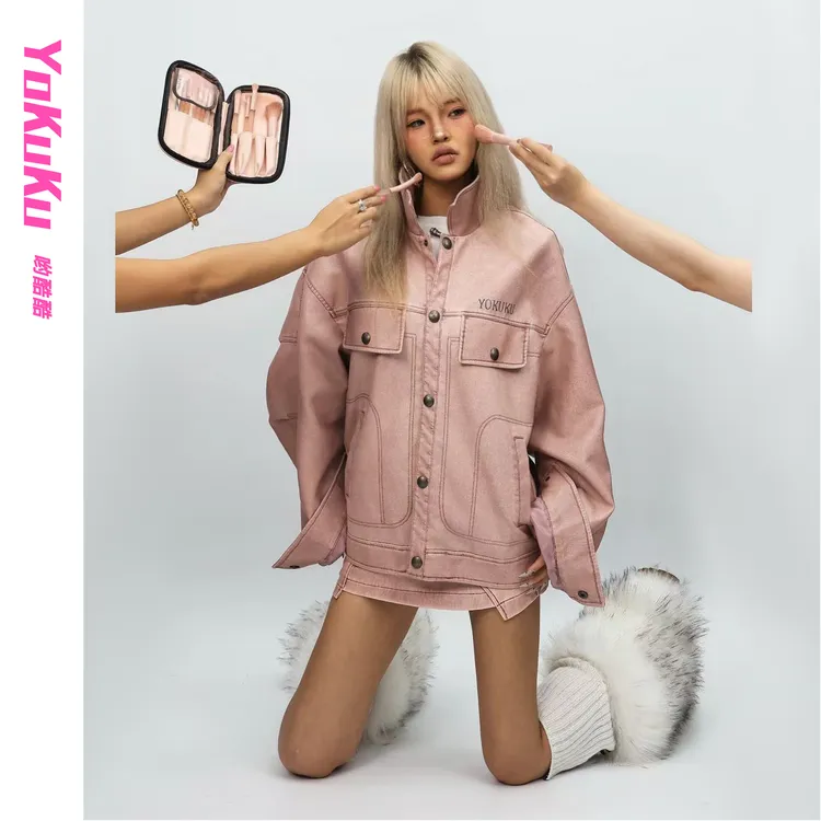 哟酷酷（迷雾玫瑰）秋冬干枯粉潮酷休闲慵懒情侣机车皮夹克外套