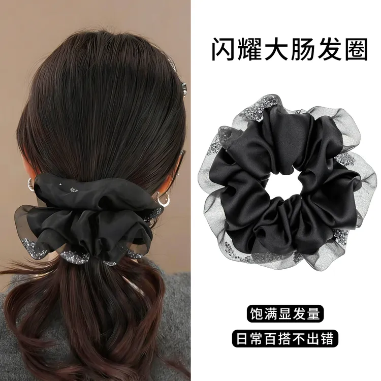 高端法式缎面大肠发圈女后脑勺花苞丸子头绳蓬松显发量皮筋头饰