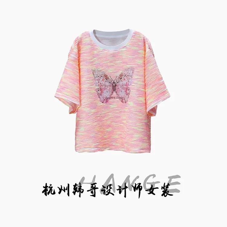 【韩哥女装】2025欧版多巴胺粉色条纹感蝴蝶重工刺绣短袖9503-C6