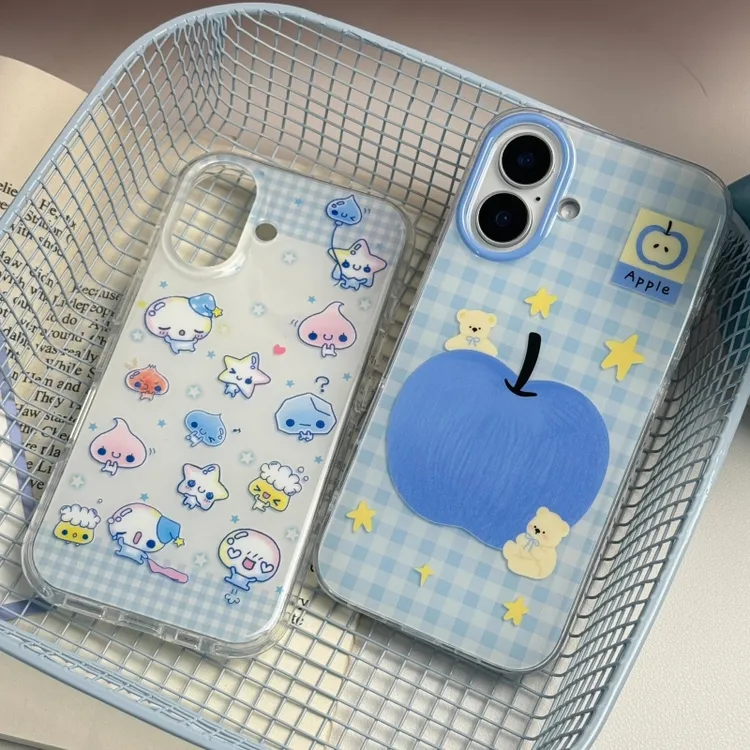 奥菲顿格纹蓝苹果小熊适用iPhone16大孔手机壳华为vivo小米oppo套
