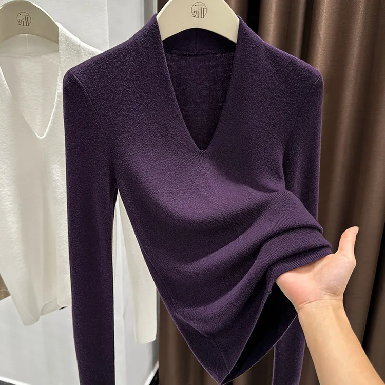 超好看紫色v领收腰针织衫女秋冬高级感弹力修身可外穿内搭打底衫