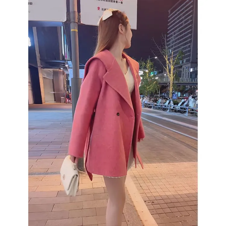 韩系小个子大翻领毛呢外套女冬季2026新款宽松显瘦减龄中长款大衣