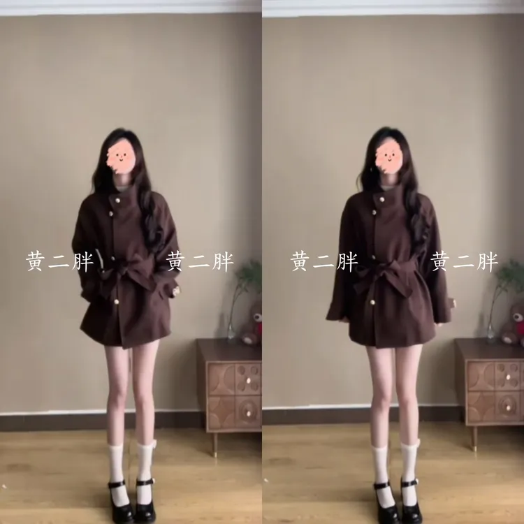 韩版呢子大衣2025冬季新款显高级感复古立领收腰系带外套气质上衣