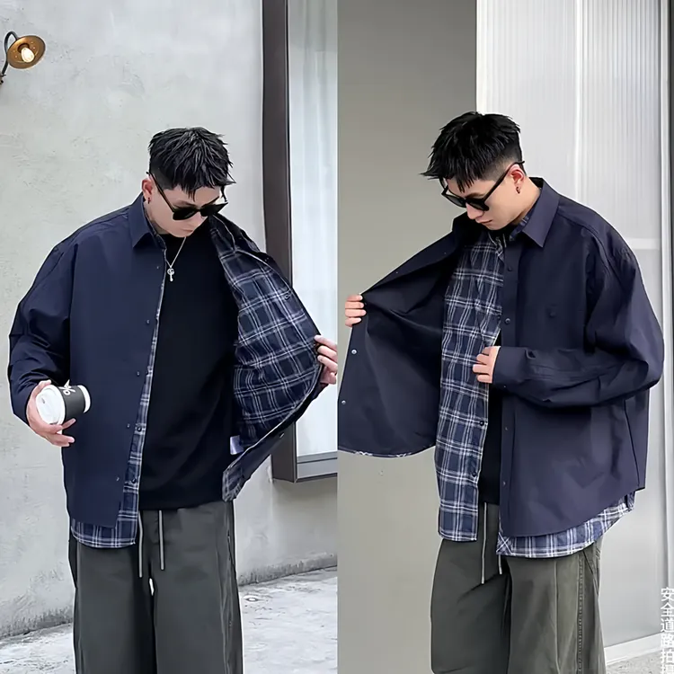 秋季新款假两件格子衬衫外套男潮牌痞帅休闲宽松百搭工装夹克上衣
