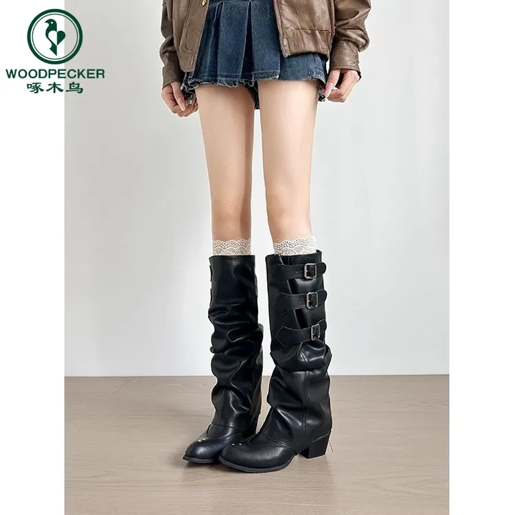 啄木鸟美式复古褶皱堆堆长靴2025新款可拆两穿辣妹旅游西部牛仔靴