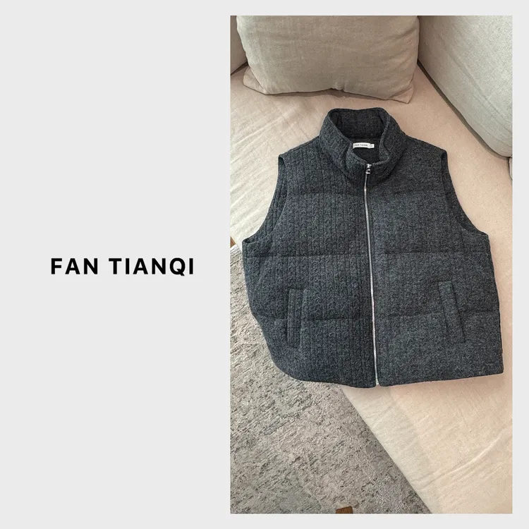 范天奇/FAN TIANQI【麻花马甲】针织麻花纹麻灰色鹅绒马甲FYOT59057