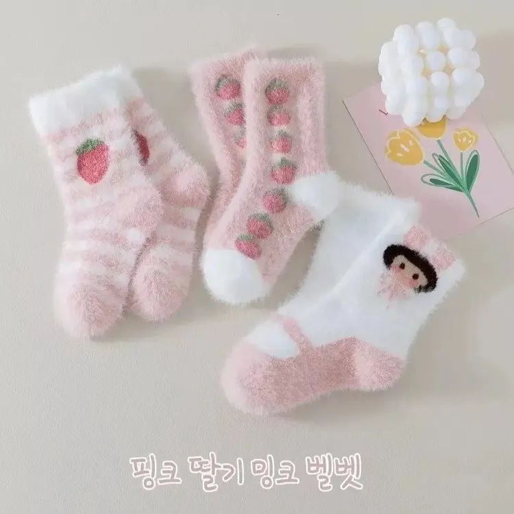 女童袜子加厚加绒可爱水貂绒儿童袜子女宝中筒袜秋冬季保暖洋气L