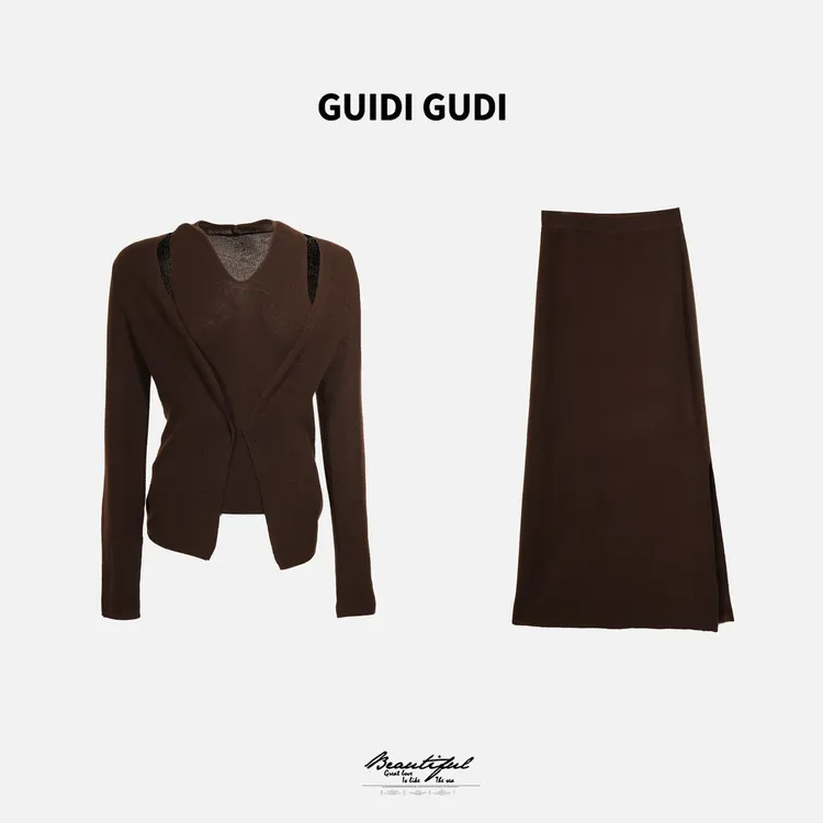 GUIDI GUDI【咖啡】绵羊毛假两件外套半裙套装/黄加蓝
