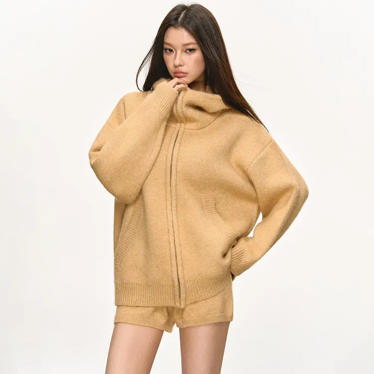 anna aneae羊毛毛衣套装女秋冬慵懒加厚保暖季连帽外套短裤两件套