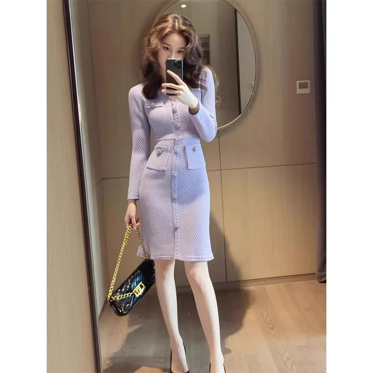 巨好看的冬装生日礼服富家千金小香风气质收腰紫色针织连衣裙子女