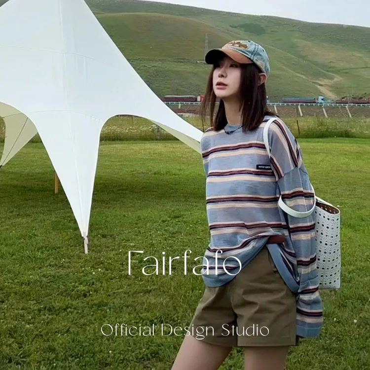 【宽松撞色条纹长袖】 DTCX57013 夏季清新显瘦百搭宽松舒适T恤