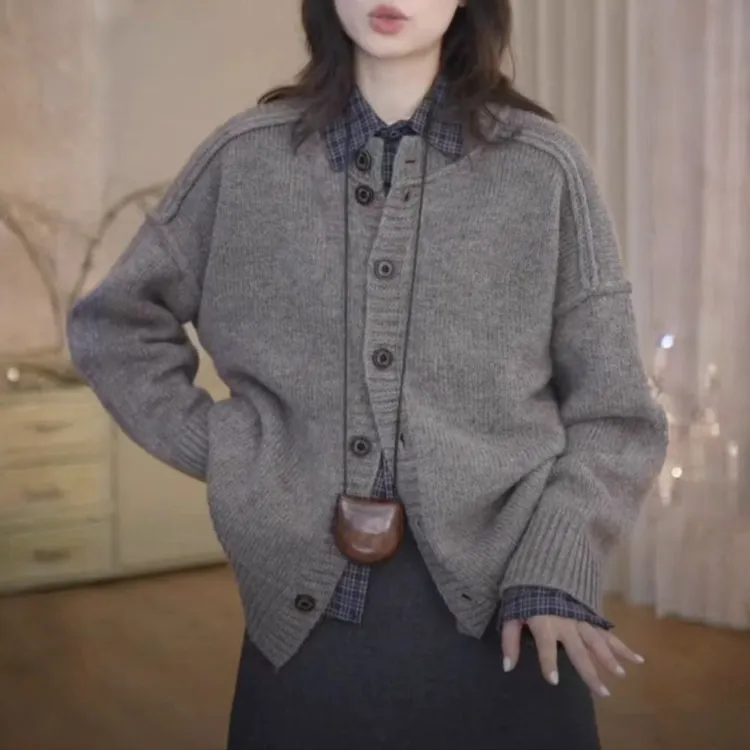 格雷系灰色反肩羊毛开衫女宽松大码遮臀毛线衣松弛感加厚针织外套