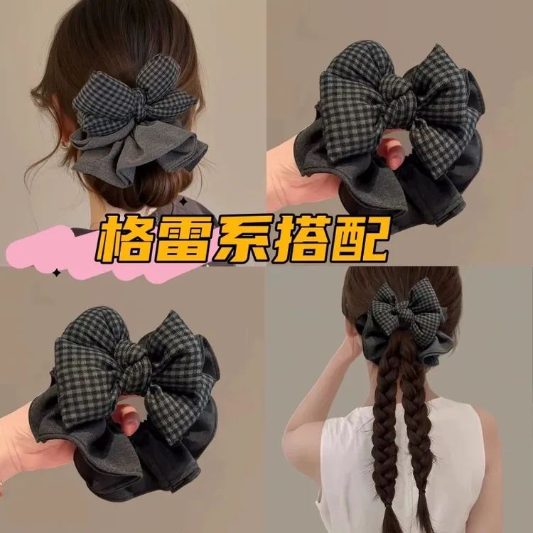 【阿敲】A2462~黑灰格纹立体蝴蝶结发绳韩系简约大肠发圈-麦穗头饰