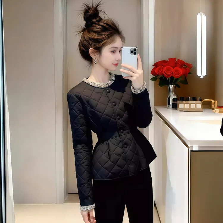 小香风时髦黑色菱格纹棉服上衣冬季新款收腰显瘦高端气质棉袄外套