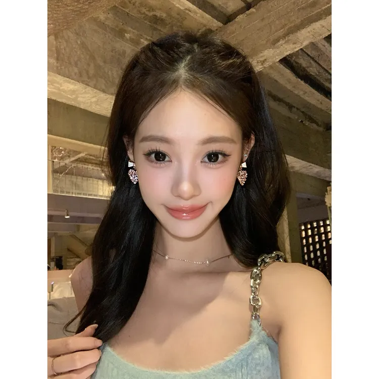 合金合成锆石耳饰 心动讯号 甜美闪钻蝴蝶结爱心耳环粉色桃心耳钉