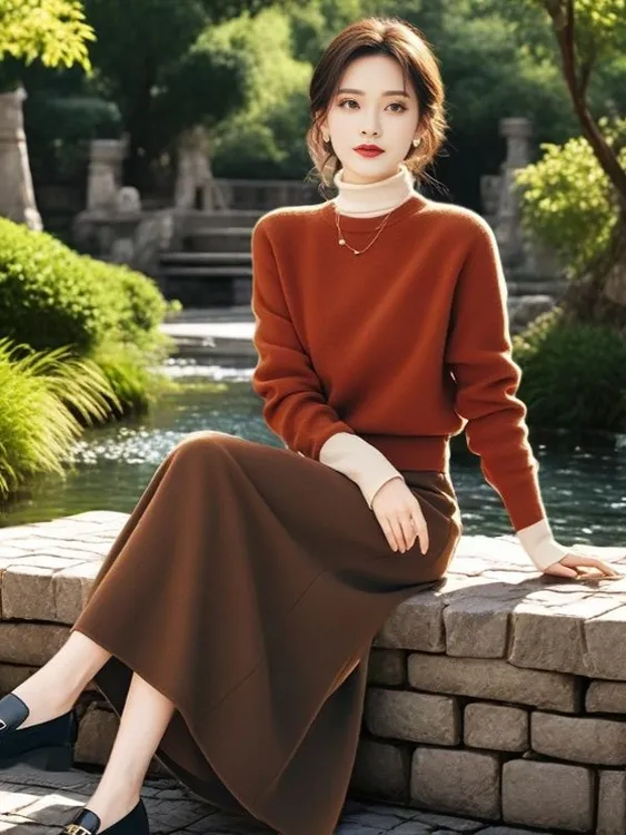 [工厂直销套装]高领拼接假两件针织衫垂感中长款半身裙99367+Q201