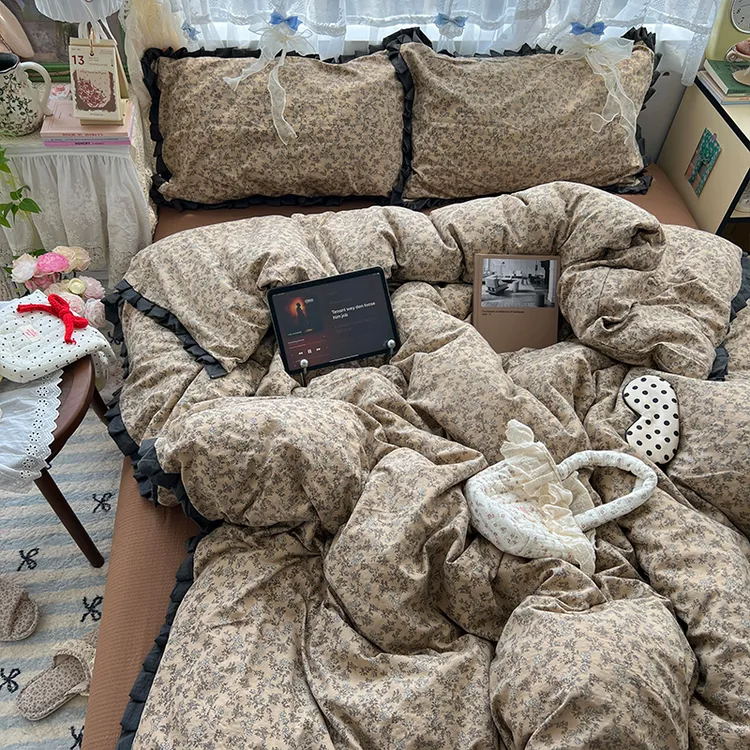 复古咖啡棕碎花四件套公寓舒适通用床单被套床笠款儿童卧室三件套