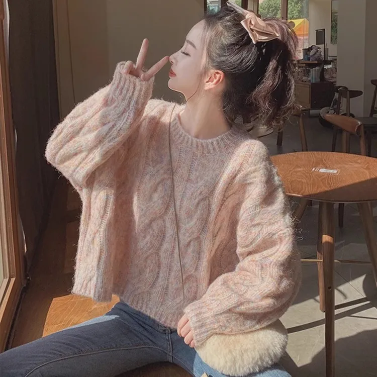 秋冬软糯粉色加厚宽松慵懒风麻花毛衣外穿针织衫韩版气质混色上衣