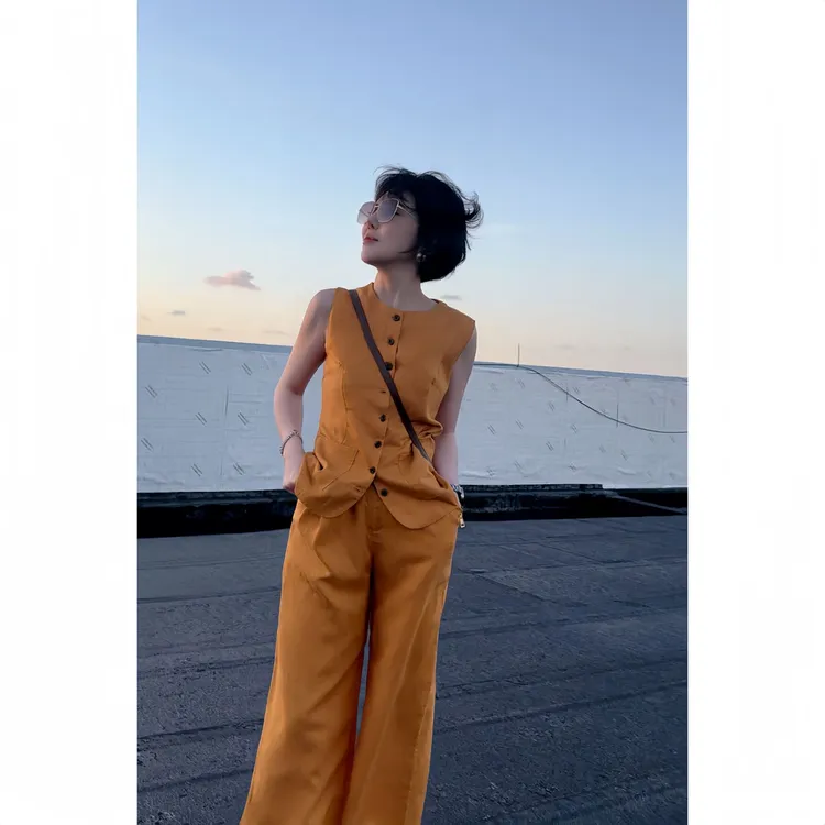 天丝亚麻时尚套装女阔腿裤夏季休闲无袖套装百搭减龄老钱风背心