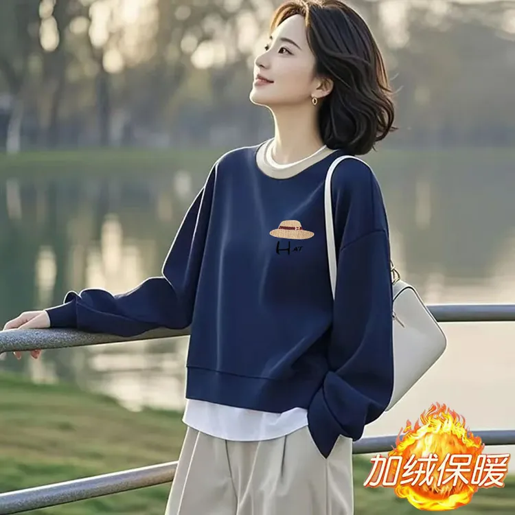 加绒/不加绒短款卫衣女士假两件华棉圆领印花简约高腰小个子外套