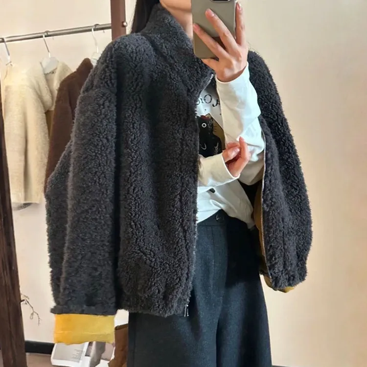 高级感立领拉链加厚保暖毛毛一体短外套女2025秋冬新款毛绒上衣潮