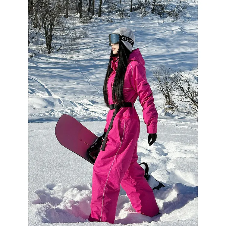 临典玫粉色连体滑雪服套装女2025冬新款户外加厚防风防水双板雪服