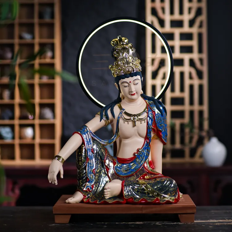 自在观音创意鎏光金极彩37*24*50古典茶空间石刻观自在水月观音像