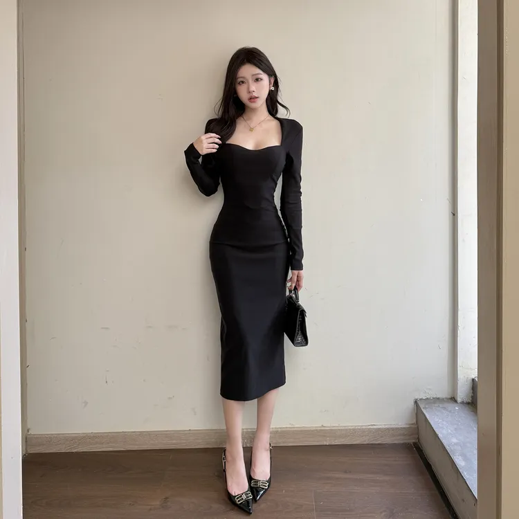 instahot 黑色鱼骨收腰显瘦包臀气质长裙2025打底秋冬内搭连衣裙