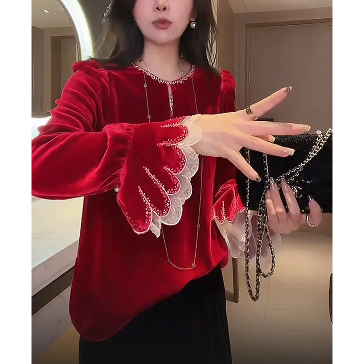 超精致重工花瓣袖显瘦长袖上衣女2026春季新款优雅气质百搭打底衫