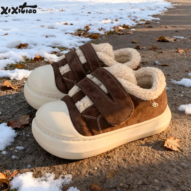 细细条 运动板鞋女冬季款百搭防滑厚底保暖创意魔术贴毛毛鞋棉鞋