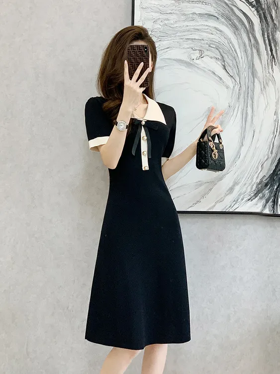 黑色夏季新款小香风冰丝连衣裙中长款修身显瘦高端polo领针织裙子