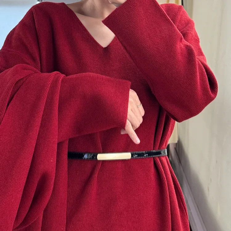 秋冬新款宽松慵懒气质针织V领围巾套头衫半身裙套装三件套85050-1