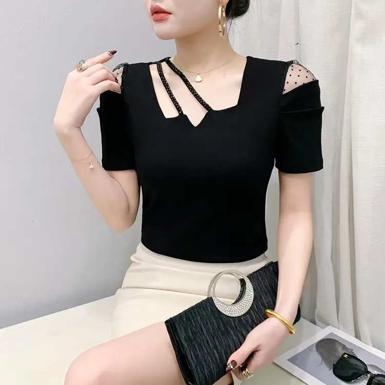 性感镂空烫钻T恤女短袖夏装欧货设计感网纱拼接上衣气质显瘦小衫