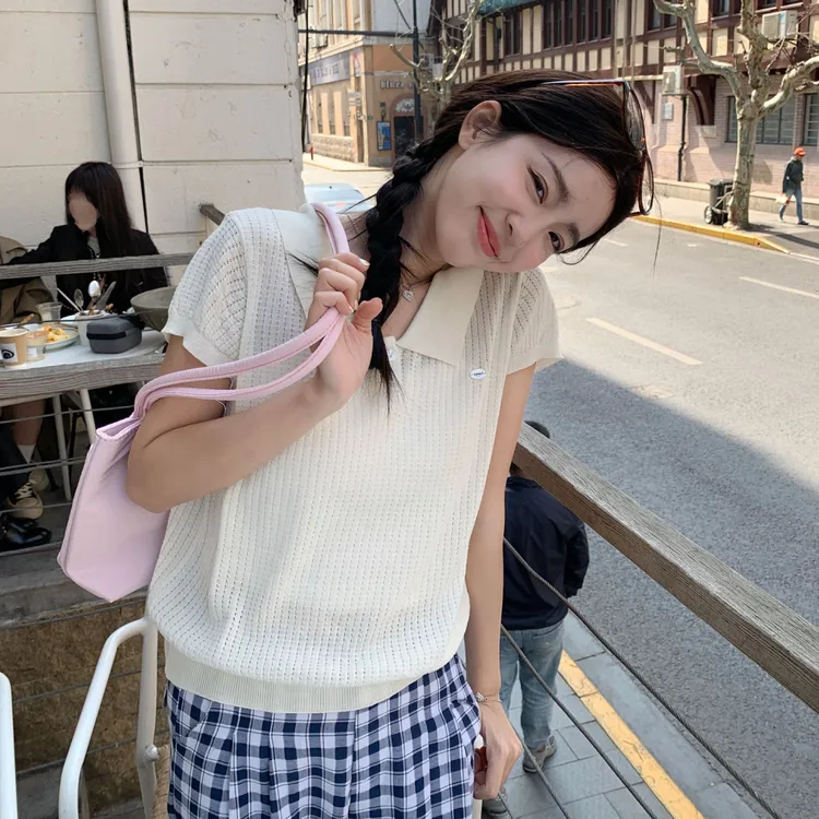 学院风Polo领针织T恤正肩短袖女2025夏季新款法式高级感镂空上衣