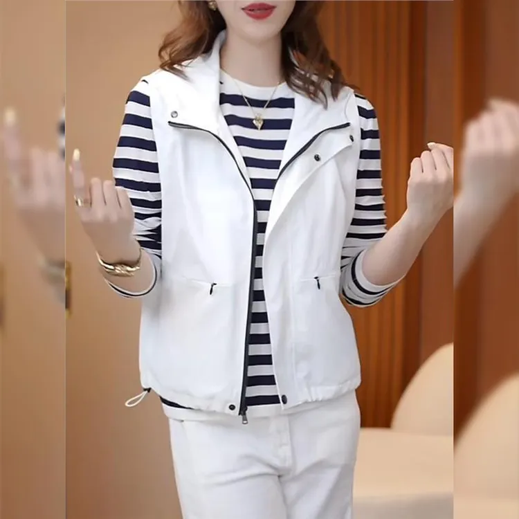 夏季连帽运动风背心马甲女时髦洋气百搭无袖轻薄透气防晒马夹外套