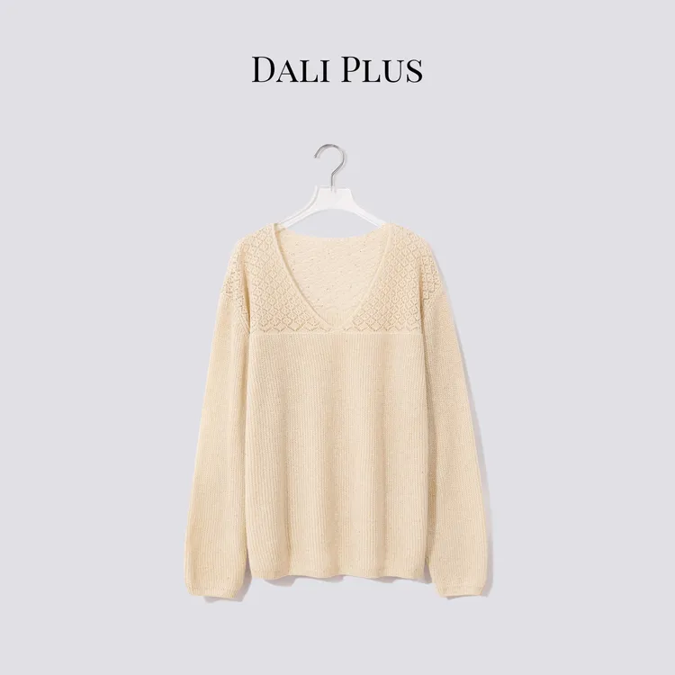 DALI PLUS“V领宽松羊绒+绵羊毛套衫上衣”V领长袖针织-D5CK2069