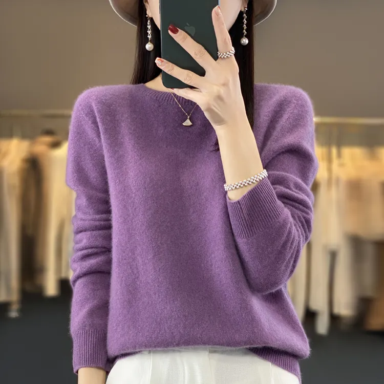 奢华质感100%澳洲纯羊毛衫女圆领一线成衣套头打底毛衣针织衫外搭