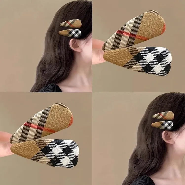 韩国新款简约卡其格纹布艺bb夹发夹 甜美时尚侧边刘海夹百搭发饰