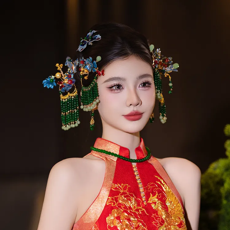 合金婚庆饰品 高级感新娘结婚重工贵气复古蓝秀禾服头饰发饰D0631